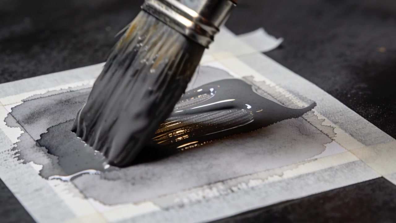 Avvicinandosi dall'alto a destra, un pennello sintetico piatto stende pittura grigia su carta nastrata per una velatura liscia.