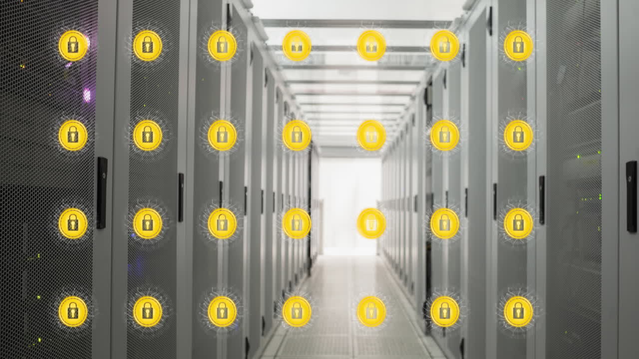 animación de iconos de candados sobre la sala del servidor