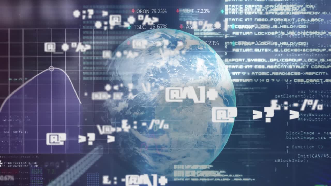 Animation of financial data processing over globe on dark background