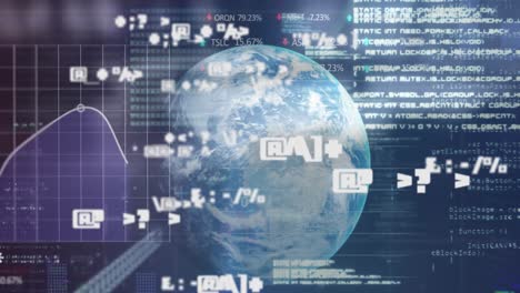 animation of financial data processing over globe on dark background