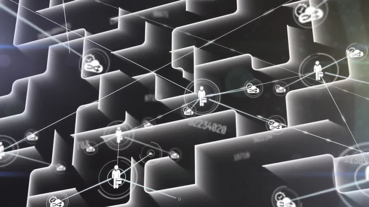 숫자와 미로 위의 아이콘으로 연결된 네트워크의 애니메이션