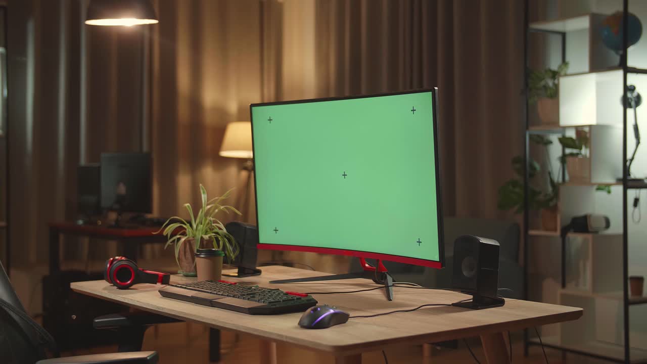 Desk With Mock Up Green Screen On Personal Computer With Big Display At Night