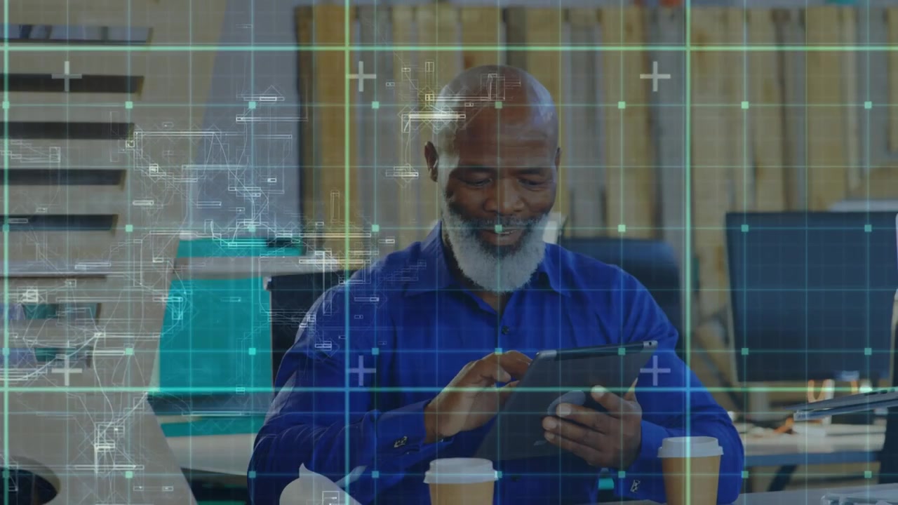 Animation of data processing over man using smartphone