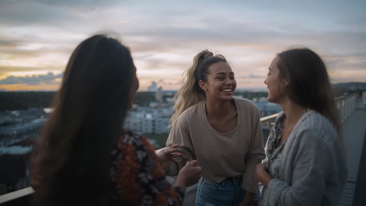 Laughing center woman in jeans leaning on balcony railing reacting to left pal's gesture at sunset