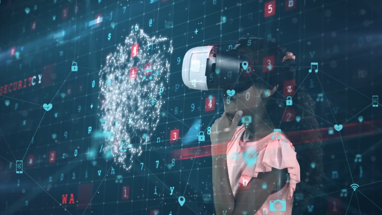animación de datos e iconos de seguridad sobre escolares usando auriculares vr