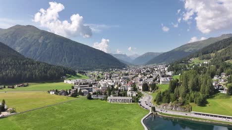 panoramic aerial view of davos, switzerland, on a sunny day, framed by the surrounding natural beauty of the swiss alps