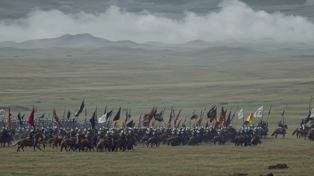 Episk kampscene-video med vidvinkeloptagelse af kavaleri, der stormer frem over en tåget slette