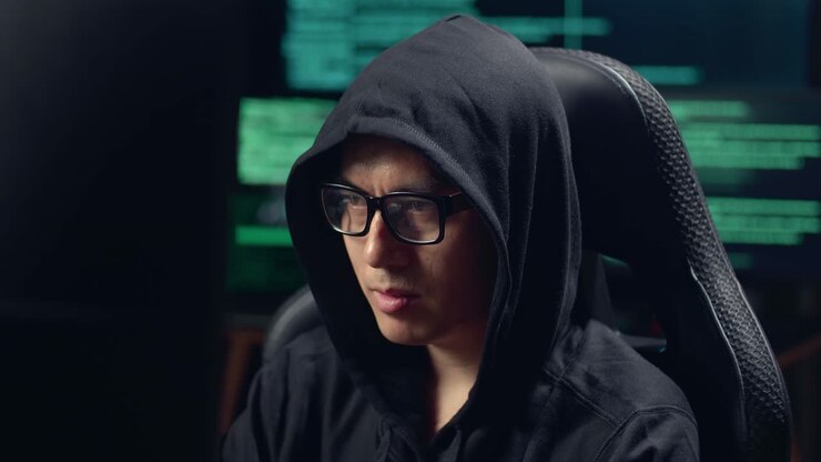 Hacker asiatico uomo che hackera con un laptop