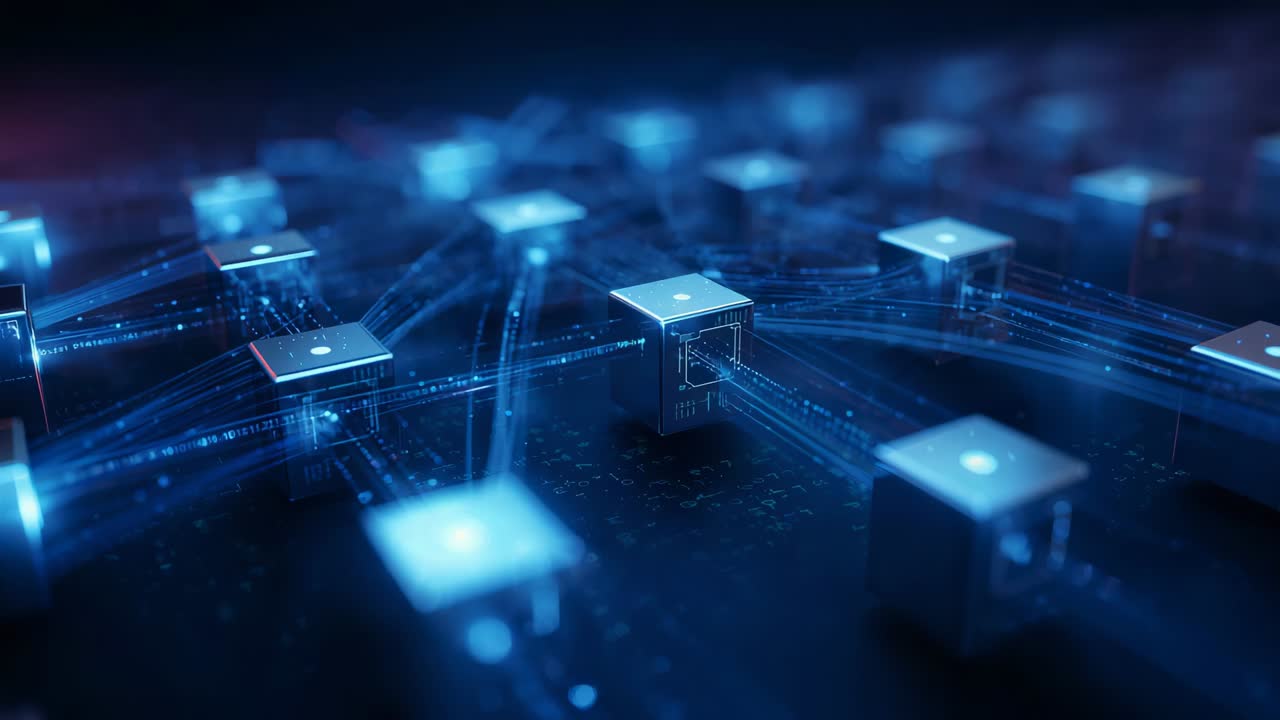 Shifting focus revealing cube node network pulsing, routing data along blue filaments on dark mat