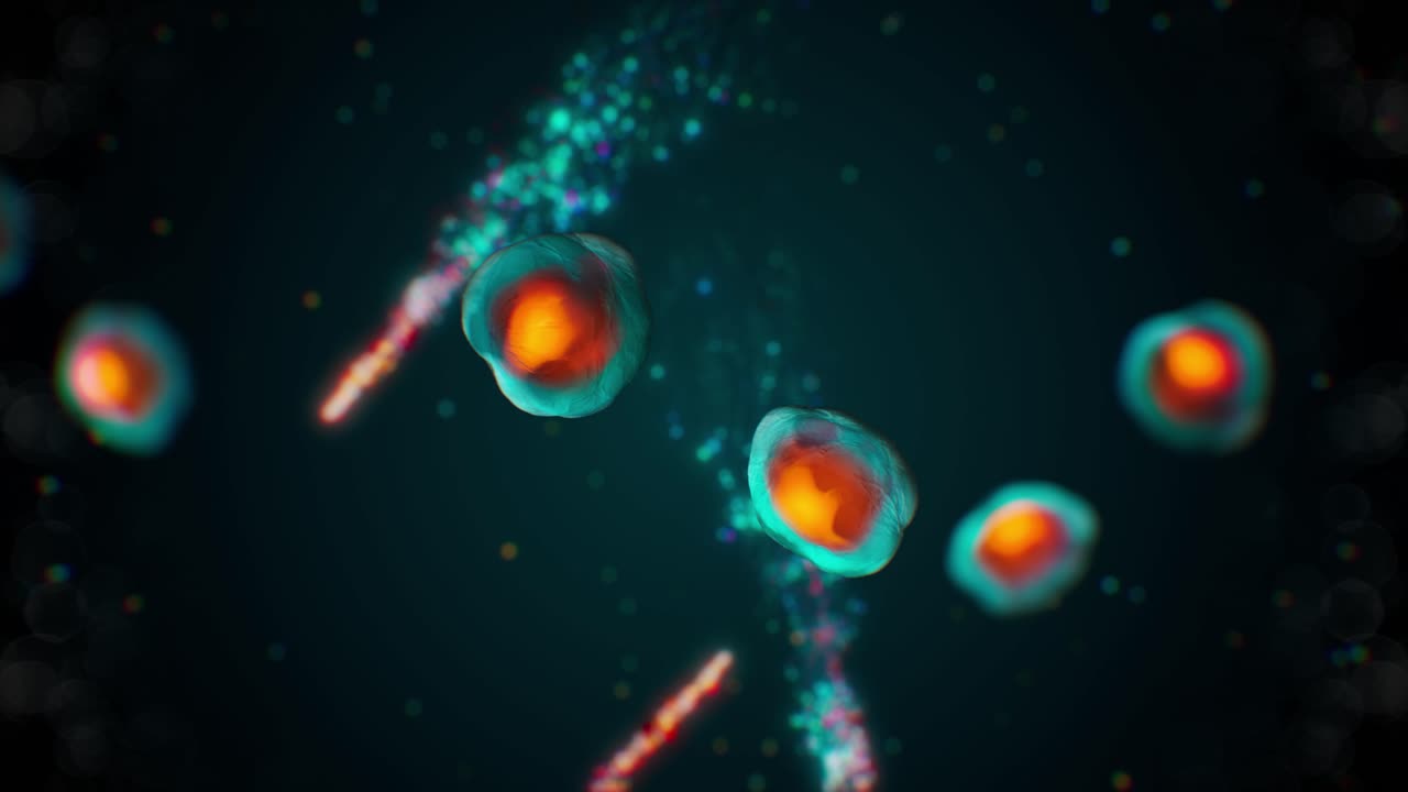 3d render of vivid orange cells duplicating and glowing particles shooting in the background