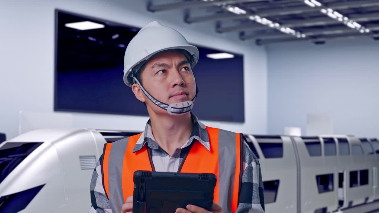 安全ヘルメットをかぶったアジア人男性エンジニアが、手に持ったタブレットを見ながら周囲を見渡しているクローズアップ。未来的な高速列車が近代的なテスト施設にある。