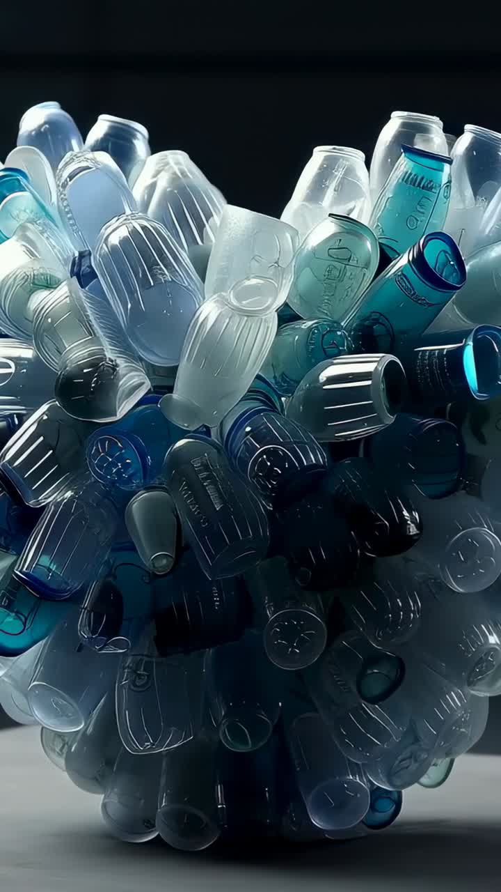 Video verticale: rotazione su motore, bottiglie rotonde e tappi raggruppati su un tavolo da studio, con etichette in evidenza