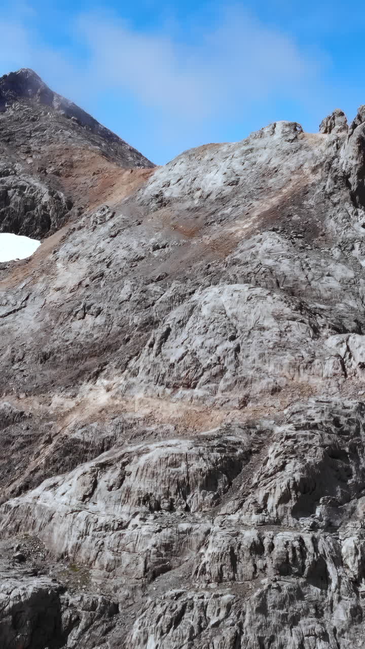 Paesaggio montuoso roccioso con cielo azzurro e chiazze di neve