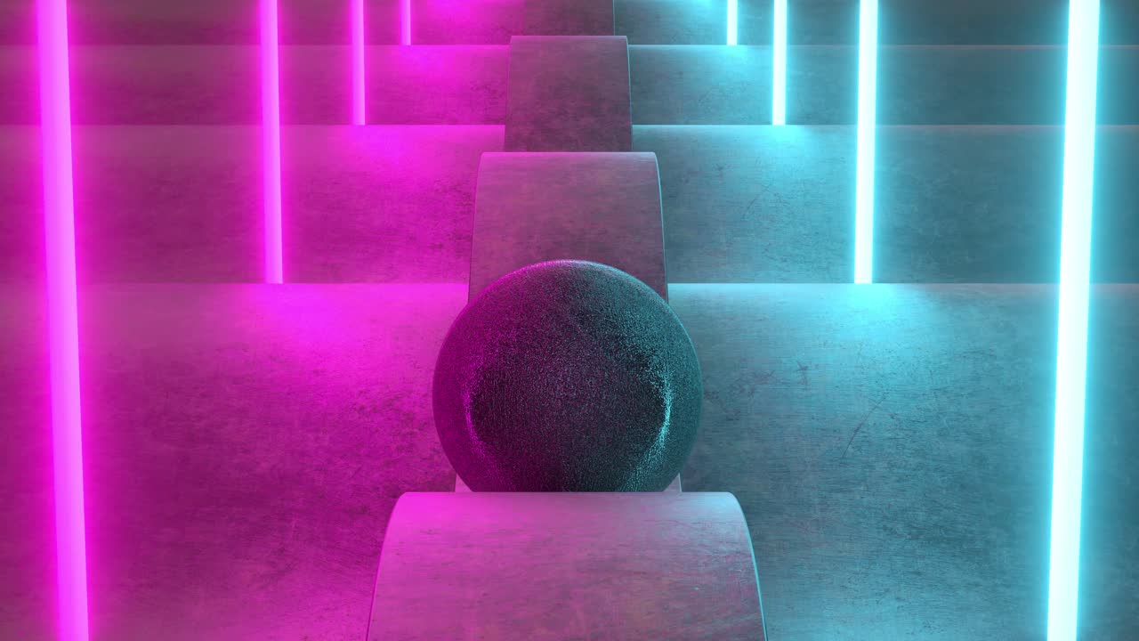 una animación en bucle de una bola dañada metálica negra que se desliza en una escena de ciencia ficción con luces de neón