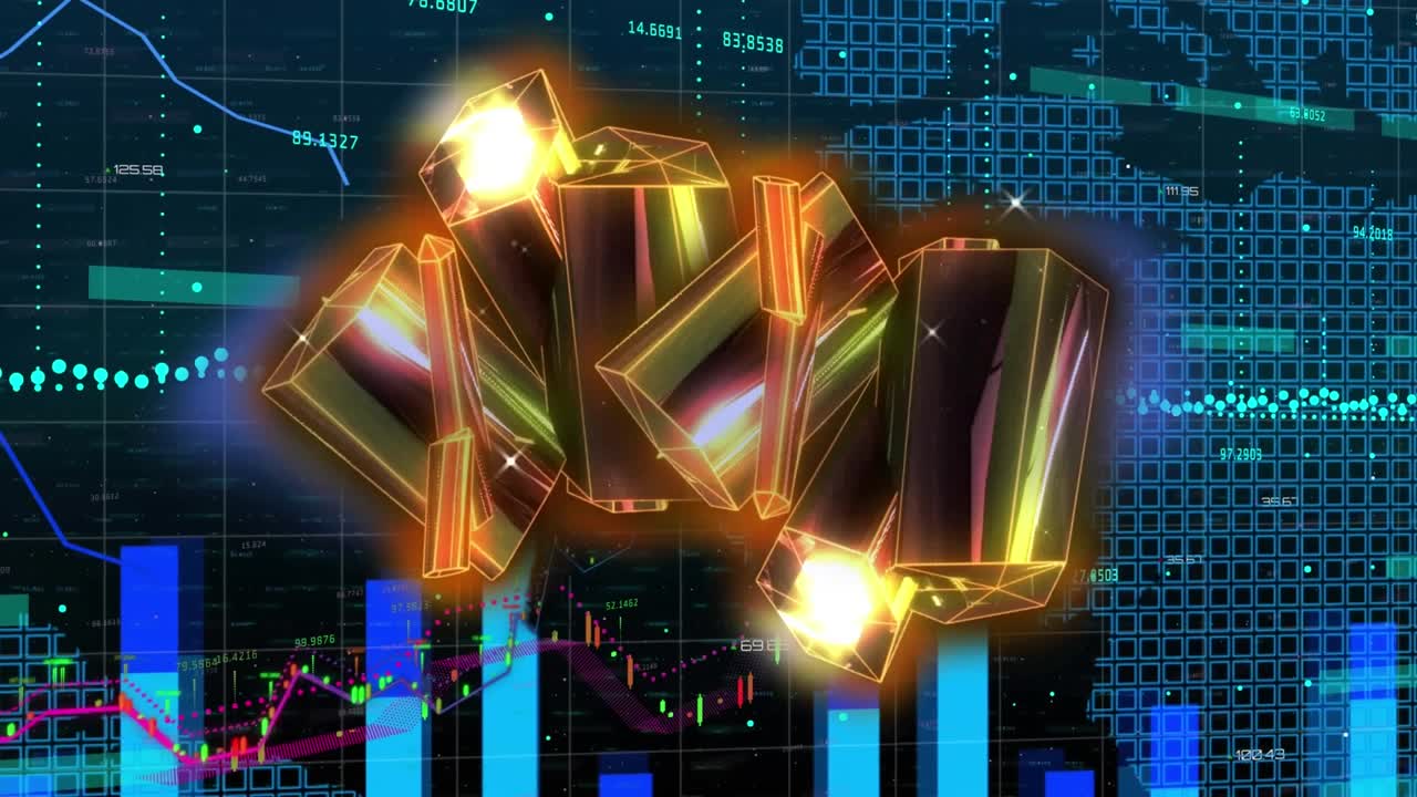 Animation af oplyst, abstrakt mønster over flere grafer og kvadrater, der danner kort