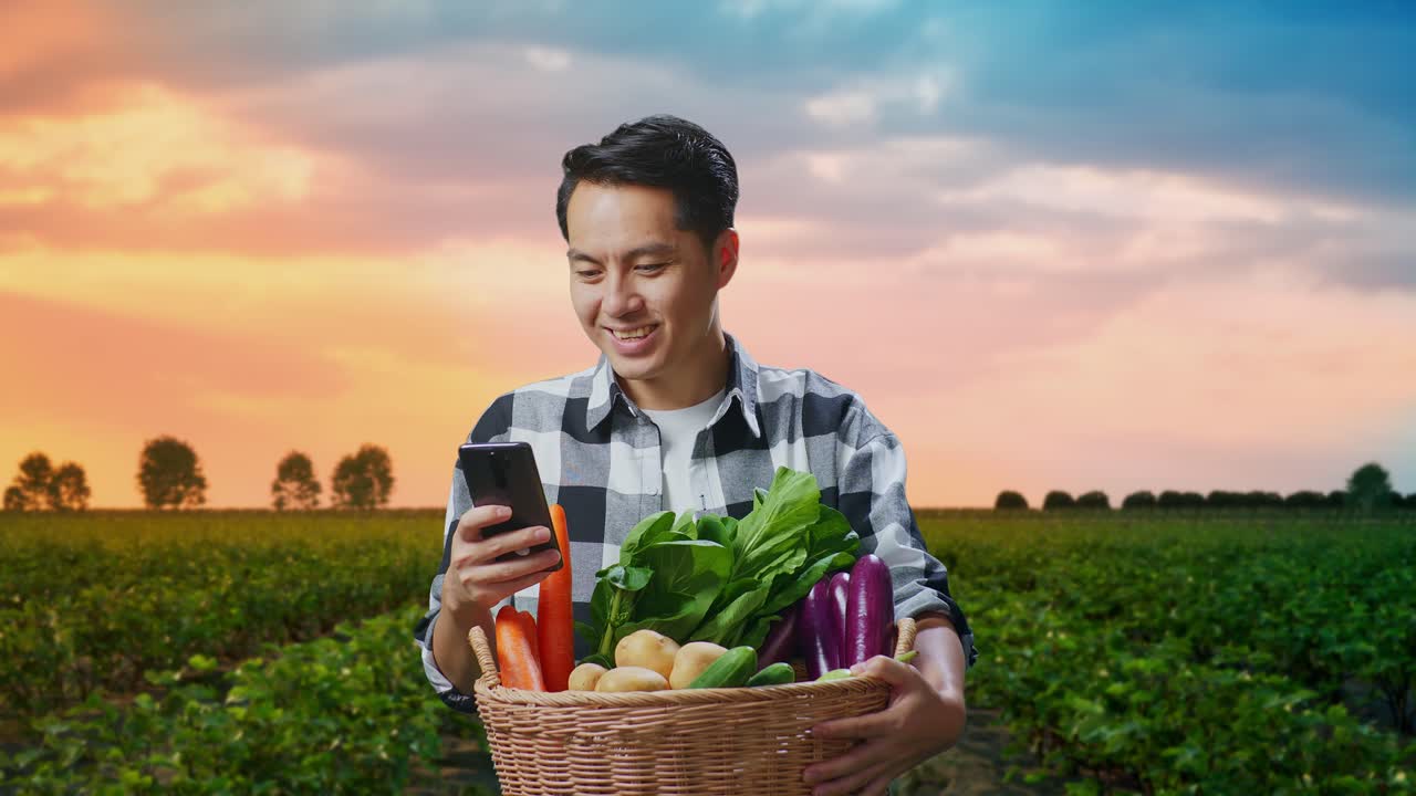 야채 바구니 를 들고 있는 아시아 남성 농부 는  에 서 있는 동안 휴대 전화 를 사용 하는 것 을 즐긴다