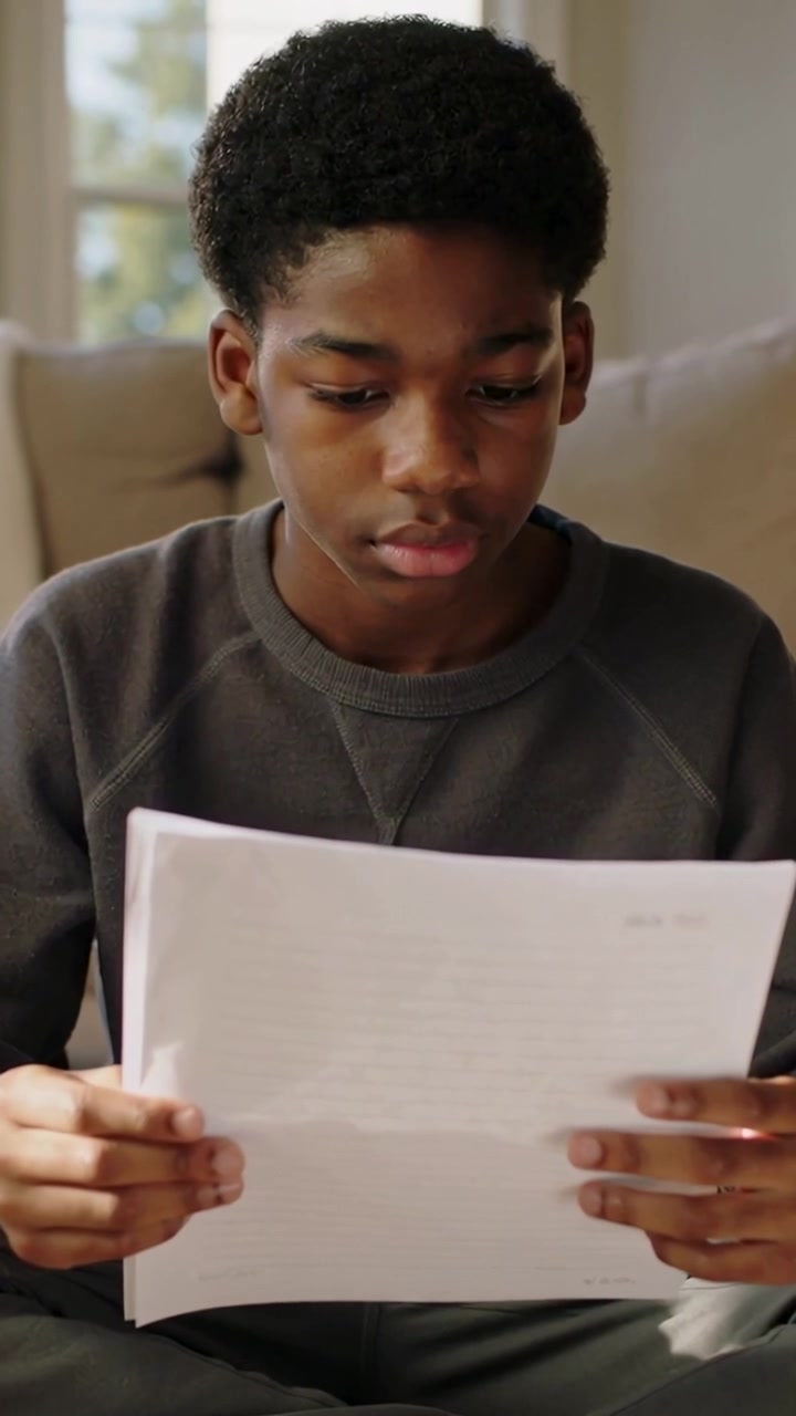 Vidéo verticale : Un garçon en sweat-shirt, regardant la première page, feuillette des papiers sur un canapé près de la fenêtre, étudiant.