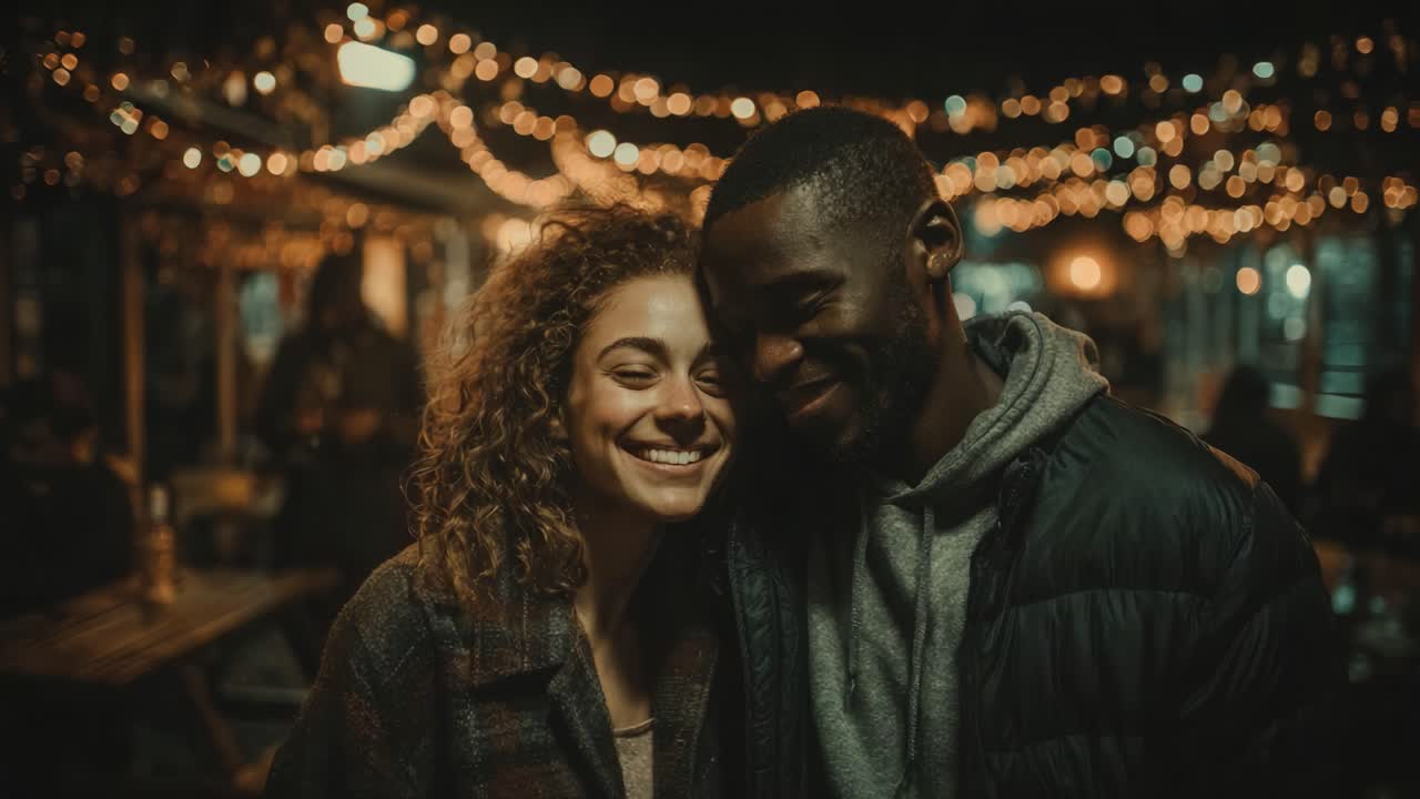 A Heartwarming Moment Between Two Smiling Friends Amidst a Twinkling Evening Ambiance Filled with Joy and Laughter, Perfectly Captured in a Charming Setting