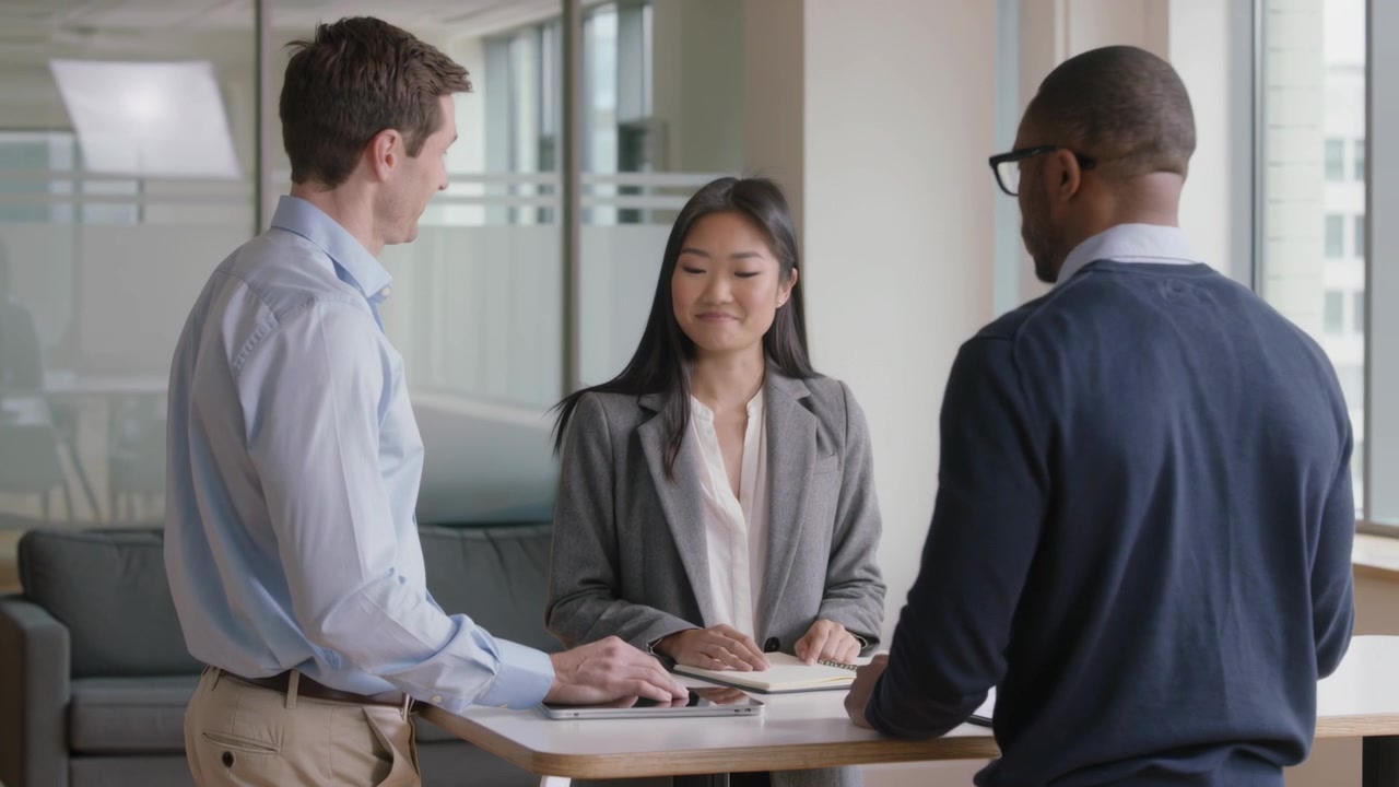 Speaking man using tablet, center woman in gray blazer responding at meeting nook reviewing notes