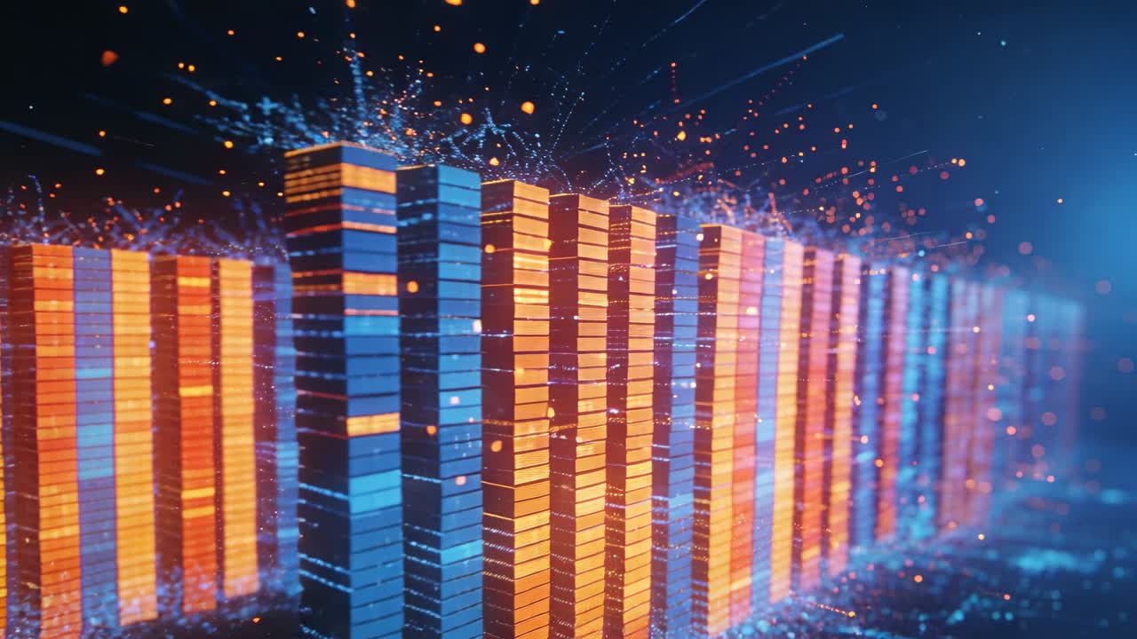 Pulling back camera revealing tall orange-blue stacked columns in virtual grid, showing data flow