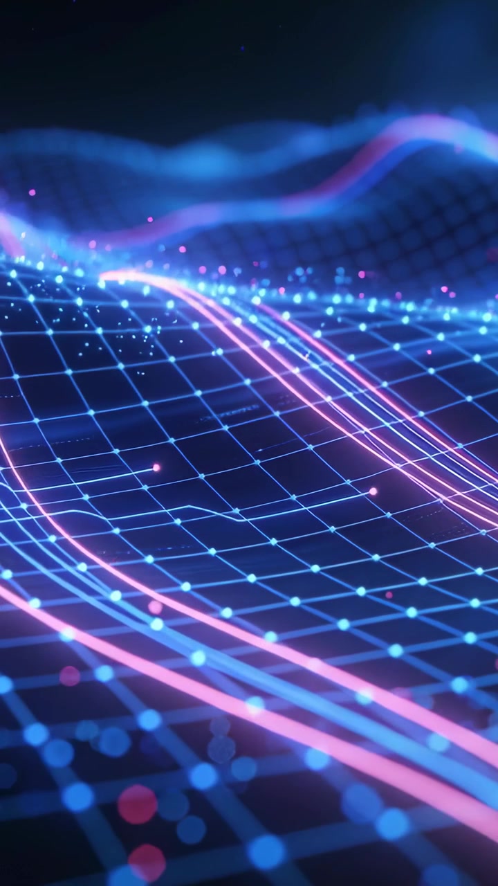 Video verticale: Griglia neon ondeggiante che scintilla dalla cresta attraverso uno spazio dati, visualizzando il flusso di dati
