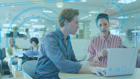 animation of data processing and chemical formula over diverse business people at office
