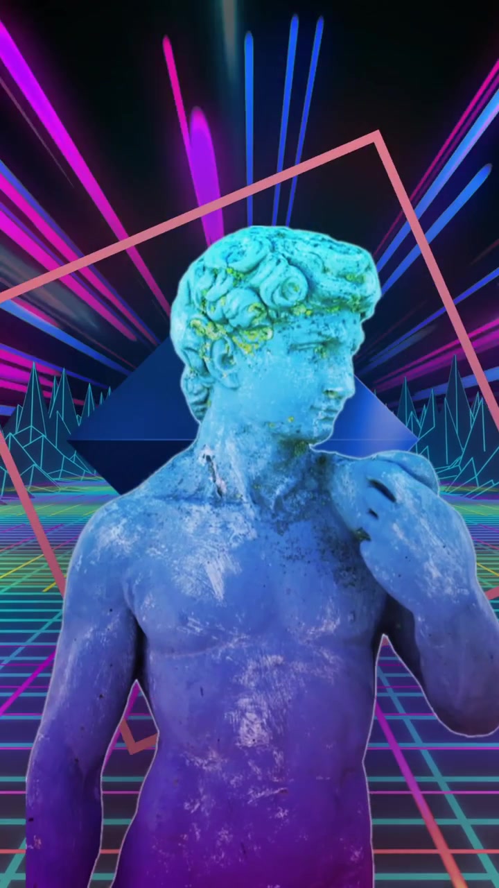 Animation of classical statue distorting over digital landscape with neon beams in night sky