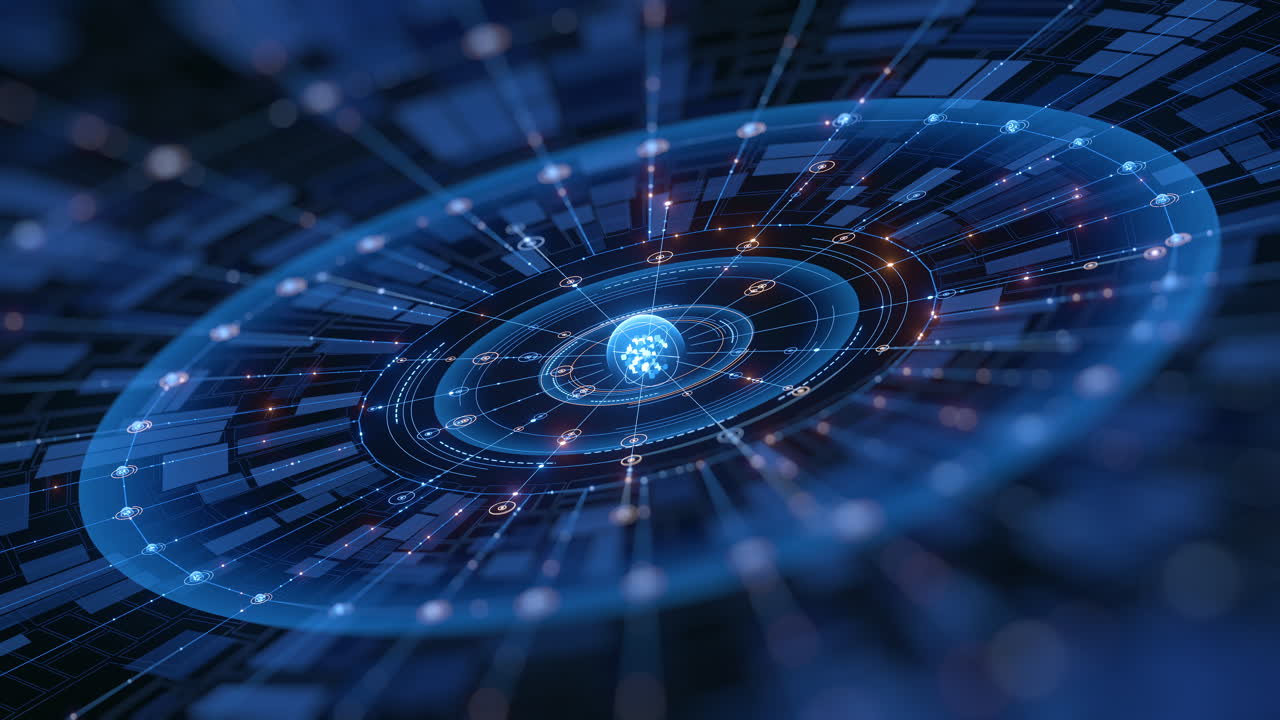 Uno sfondo digitale astratto presenta una sfera luminosa centrale circondata da intricate linee interconnesse, punti luminosi e cerchi concentrici, che simboleggiano reti globali, AI e big data.