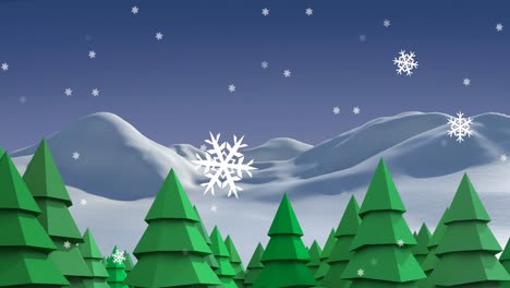 Animation-of-snow-falling-over-fir-tree-in-winter-landscape