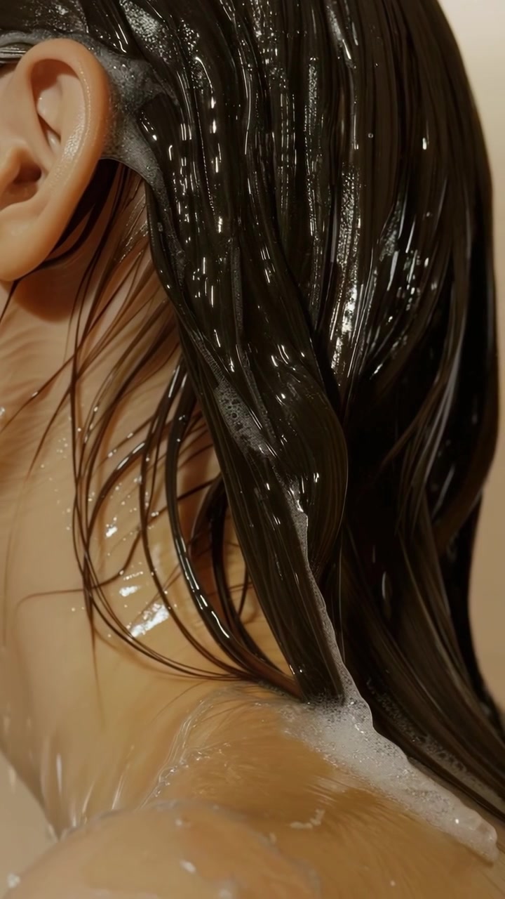 Mulher lavando o cabelo com shampoo no chuveiro