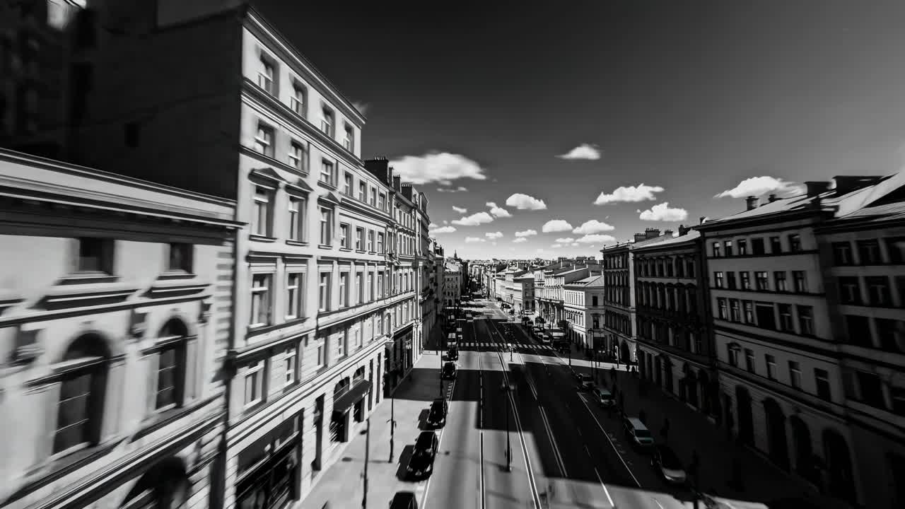 Dynamic cityscape with historic buildings and a vibrant street