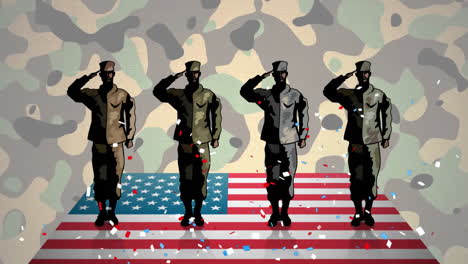 animación de soldados saludando con bandera estadounidense y fondo de camuflaje