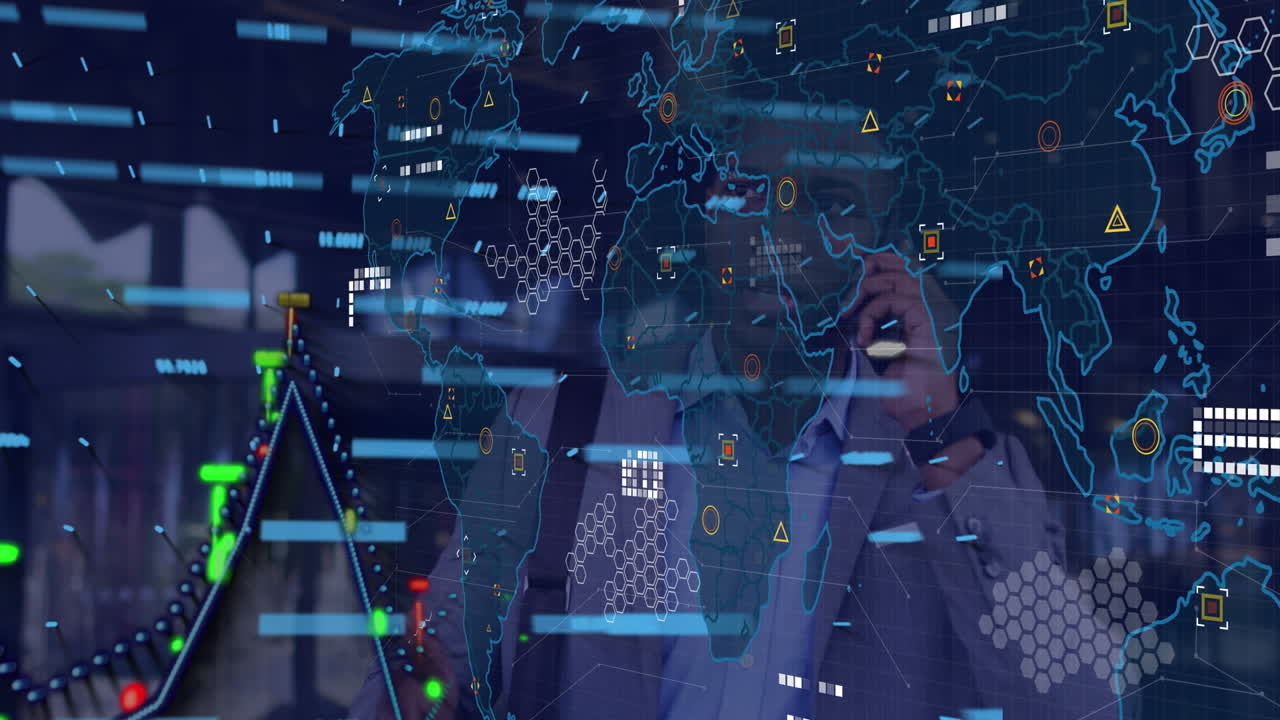Animation of data processing over african american men using smartphone