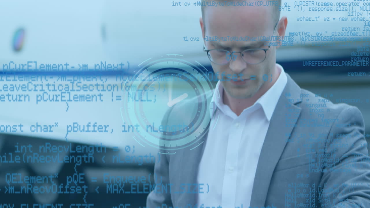 Animation of clock and data processing over caucasian businessman and airplane