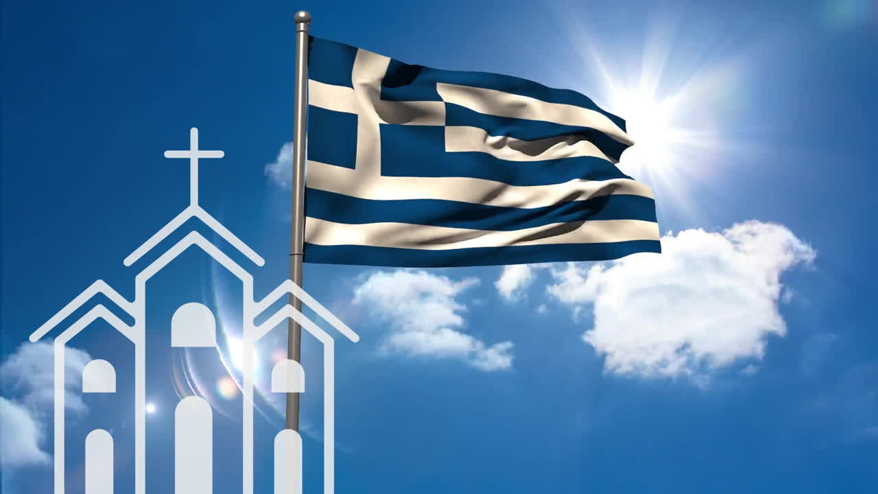 Greek flag waving near church against bright blue sky with animation clouds