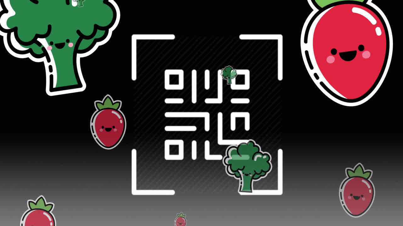 animación del código qr y los iconos de verduras