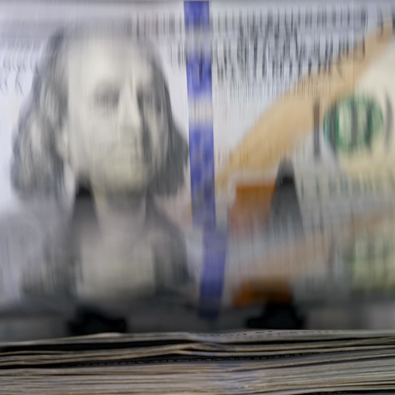 Currency counting machine. Automatic equipment for banking financial transactions. Counter machine with US money banknotes of 100 dollars. Bank automatic equipment for counting cash money. Macro shot