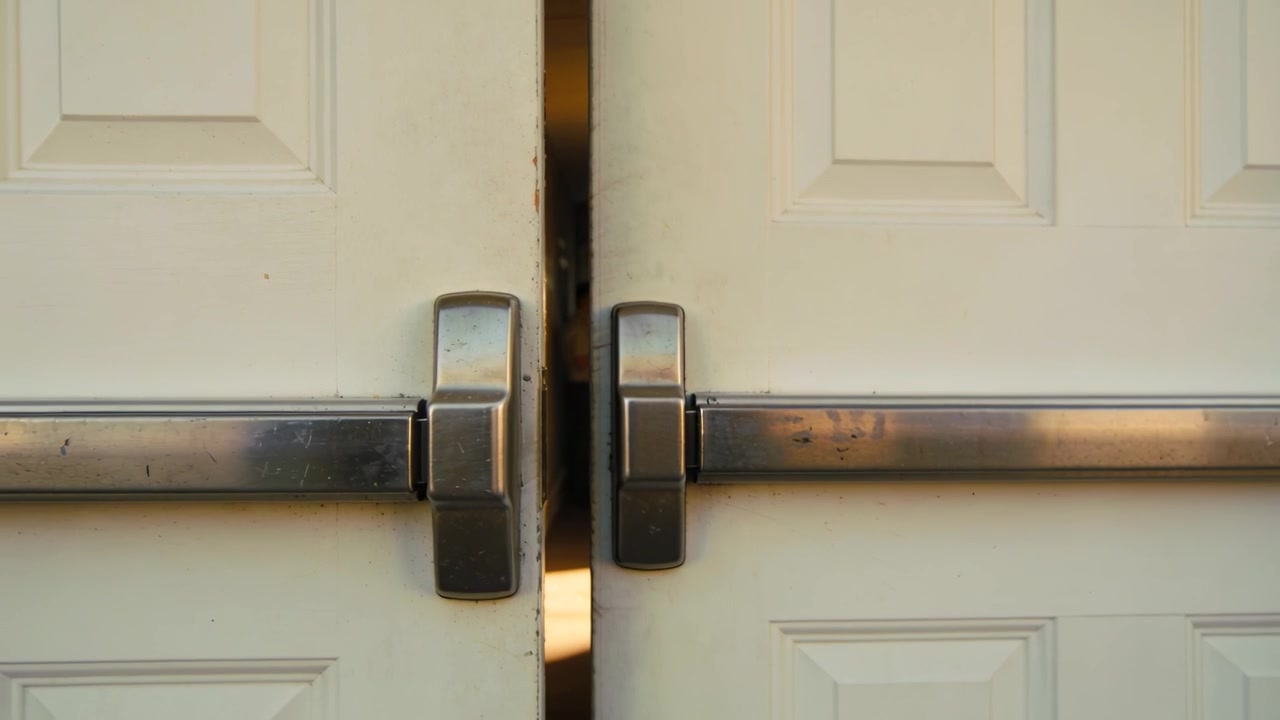 Closing white double doors with panic bars at entrance, door closer engaging and hiding silhouettes