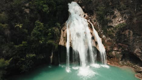 mexican el chiflon waterfall with turquoise water in chiapas, mexico - aerial drone shot