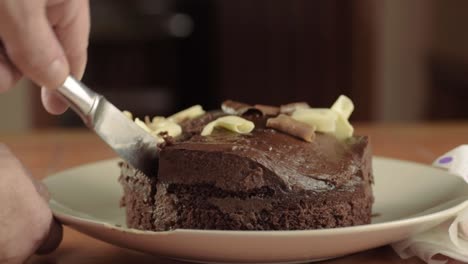 hand serving piece of chocolate cake close up shot