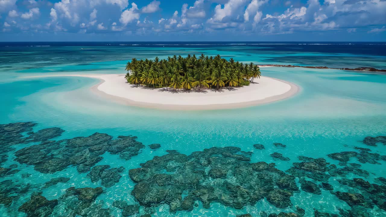 A stunning tropical island paradise with palm trees and crystal-clear waters