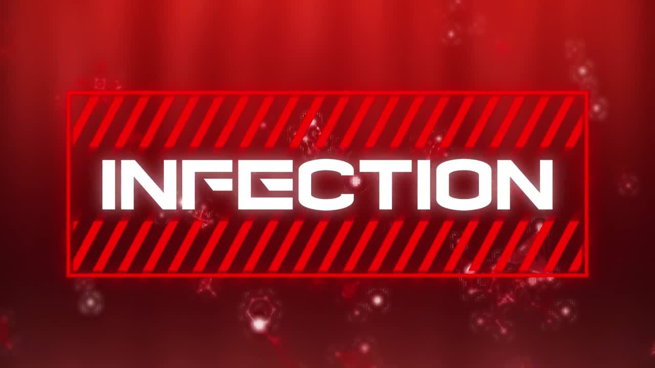 빨간색 배경에 떠다니는 분자와 화학 원소 위에 빨간색 프레임에서 단어 감염의 애니메이션