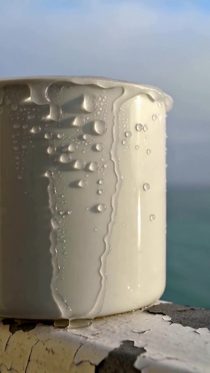 Video verticale: Rugiada che si forma su una tazza bianco crema su un davanzale sul mare, goccioline che si uniscono e scorrono verso il basso.