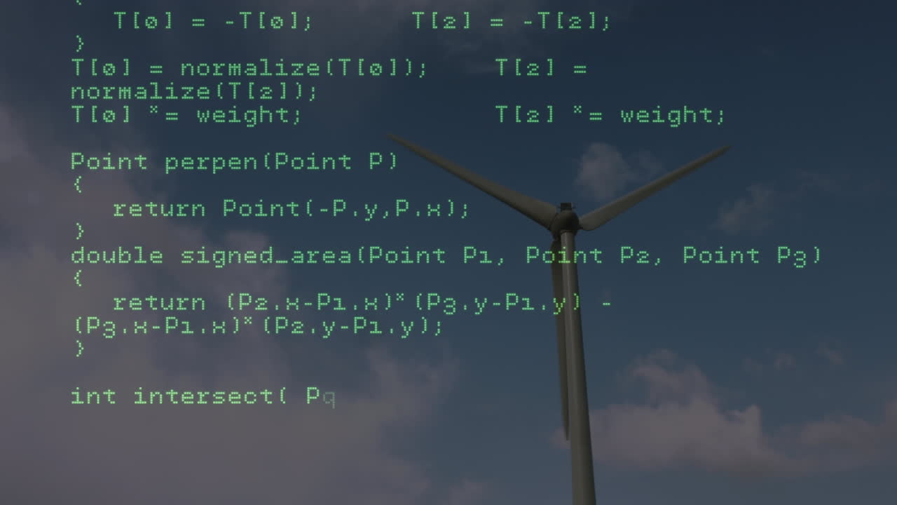 Animation of data processing over wind turbine and sky with clouds