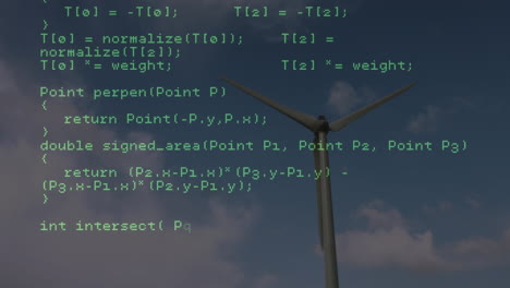 animation of data processing over wind turbine and sky with clouds