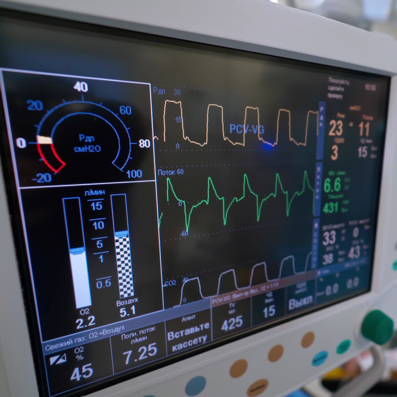 Intensive care emergency room with artificial lung ventilation monitor. Ventilation of the lungs with oxygen. COVID-19 and coronavirus identification.