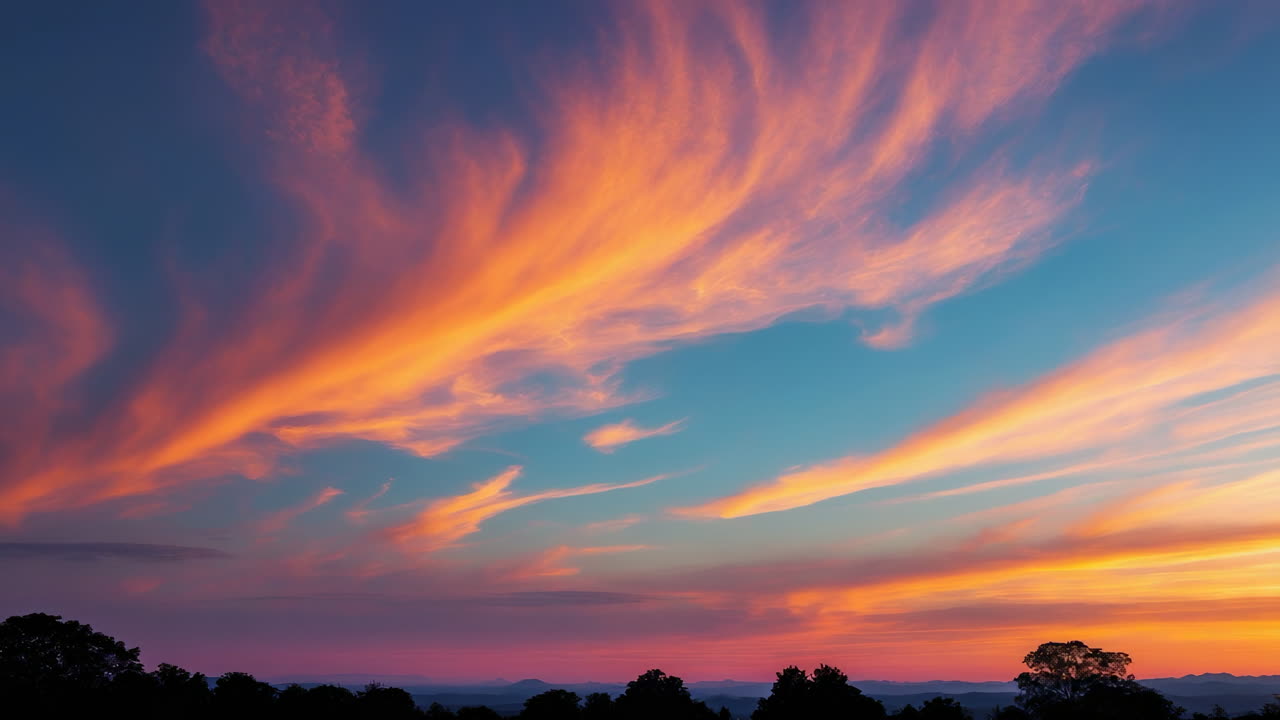 Vibrant Sunset Sky with Dramatic Cloud Formations Over a Silhouetted Landscape