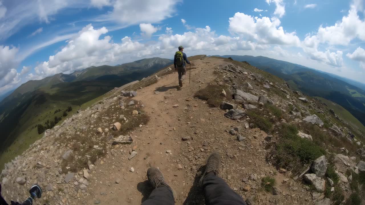 Camera jostling, operator stabilizing mount and capturing hiker on ridge with backpack and poles