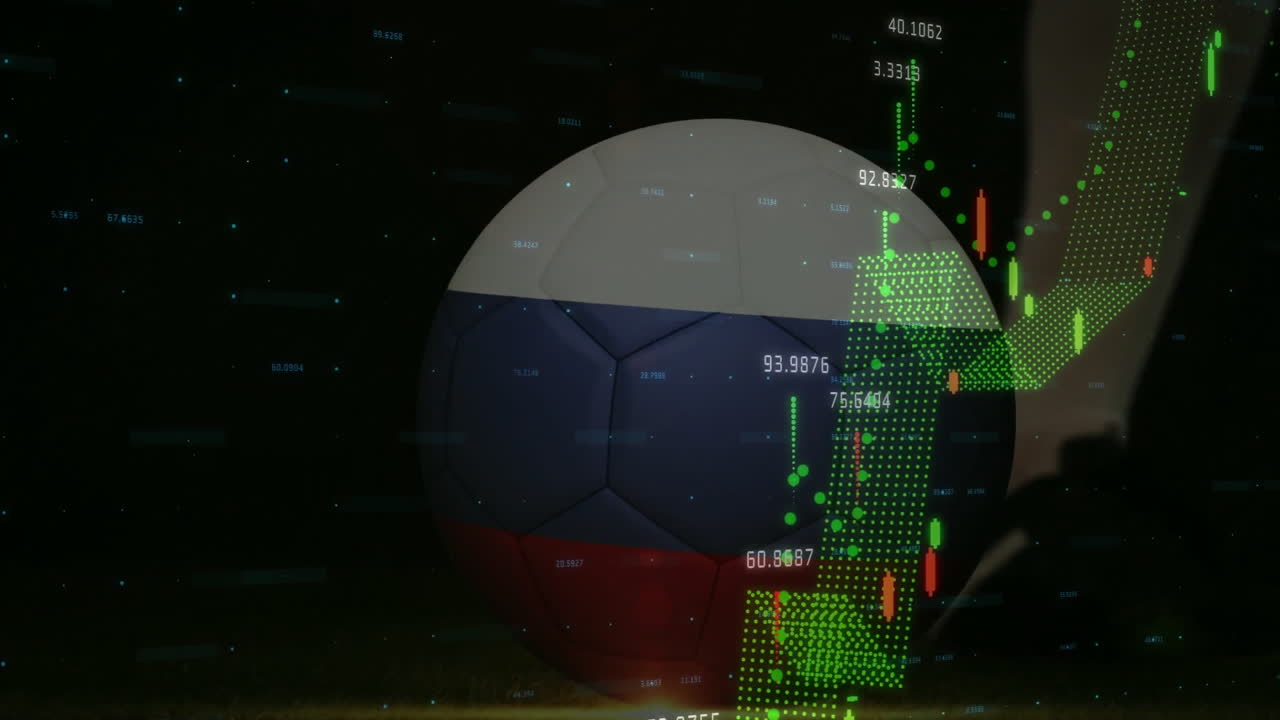 Soccer ball over financial data charts and graphs in digital animation