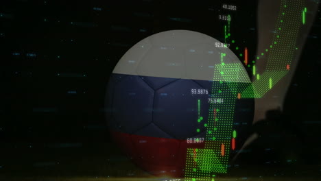 Soccer ball over financial data charts and graphs in digital animation